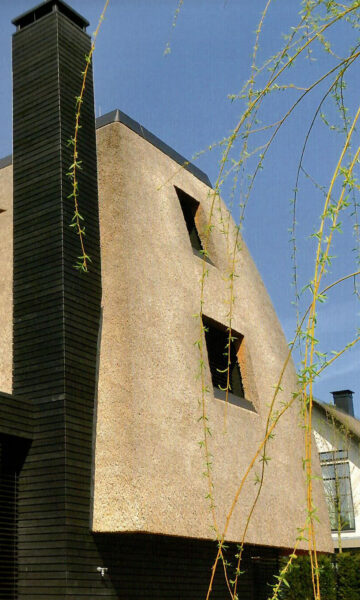 A modern house with a thatched roof and black wooden façade, photographed under a clear blue sky.
