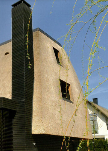 A modern house with a thatched roof and black wooden façade, photographed under a clear blue sky.